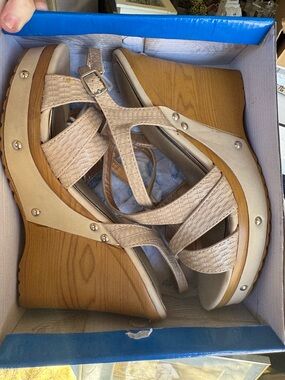 Beige Woven Platform Wedge Sandals - Women's Strappy Summer Heels 8.5